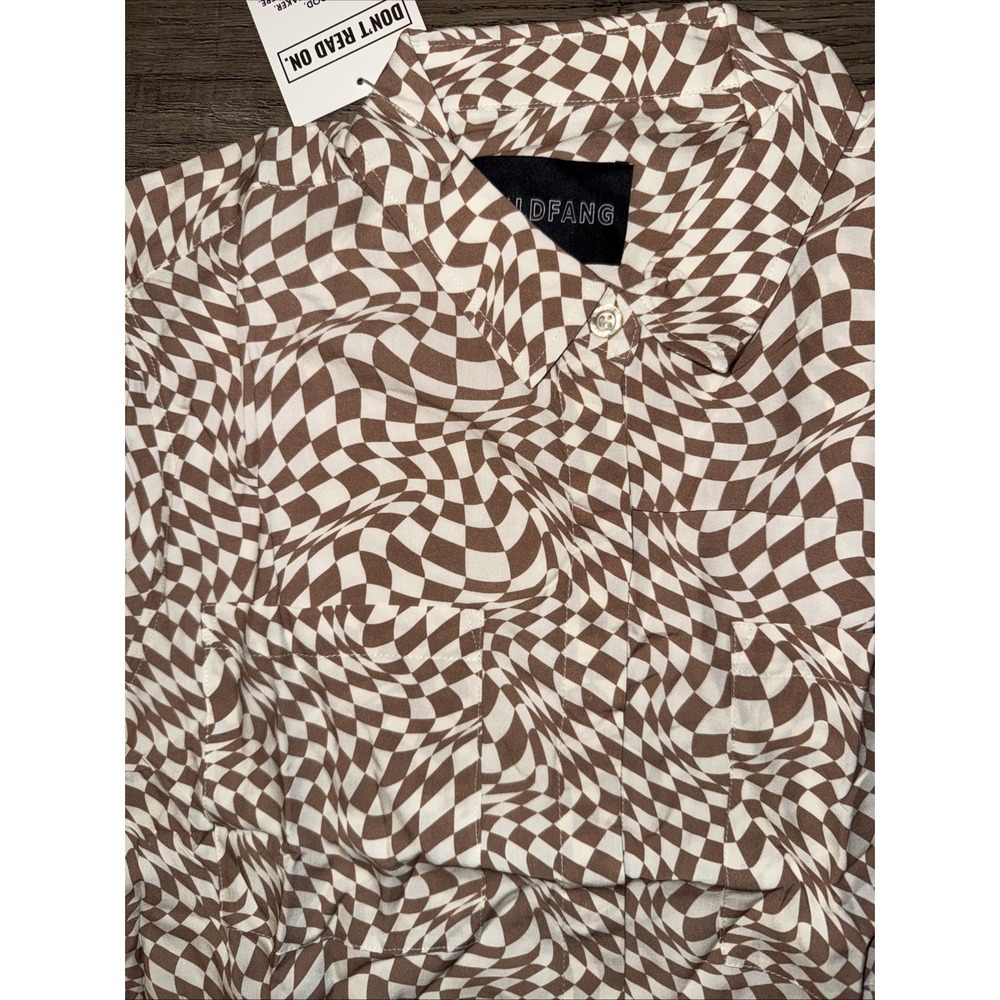 Wildfang Dizzy Check Button Up Shirt S Short Sleeve White Tan Retro - Picture 2 of 3